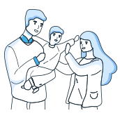 Ilustración de una familia con padre, madre y su hijo pequeño en brazos.