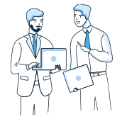 Ilustración de dos hombres de negocios con laptops conversando.